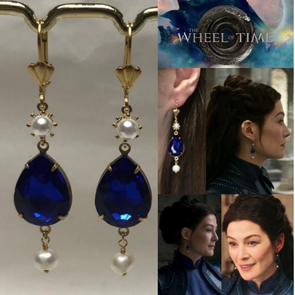 Moiraine’s Teardrop Sapphire & Pearl Earrings Wheel of Time Handmade Replicas